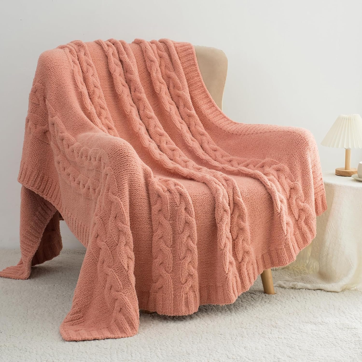 Chunky Knit Blanket Super Soft Cable Fluffy Microfiber Cozy Warm Winter Blankets for Couch Sofa Bed Twin Size 60"X80" Pink - Image 2