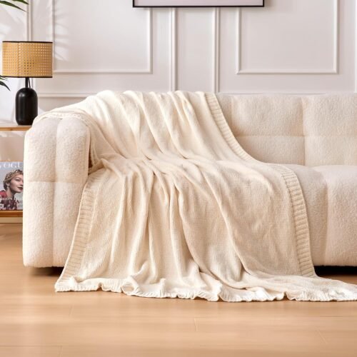 Chunky Chenille Knit Microfiber Throw Blanket for Couch, Bed and Sofa, Soft and Warm Lightweight Jersey, 50"×60", White