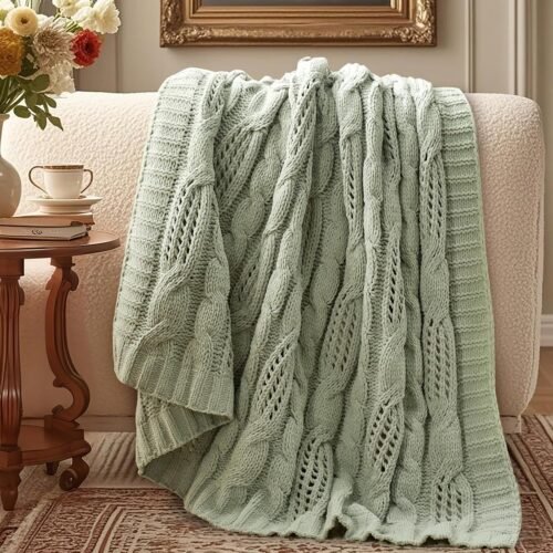 Chunky Knit Throw Blanket, Dual-Sided Soft Chenille Breathable Cable Knitted Blanket for Couch, Farmhouse Decorative Throw for Sofa & Chair, 50"x60", Sage Green