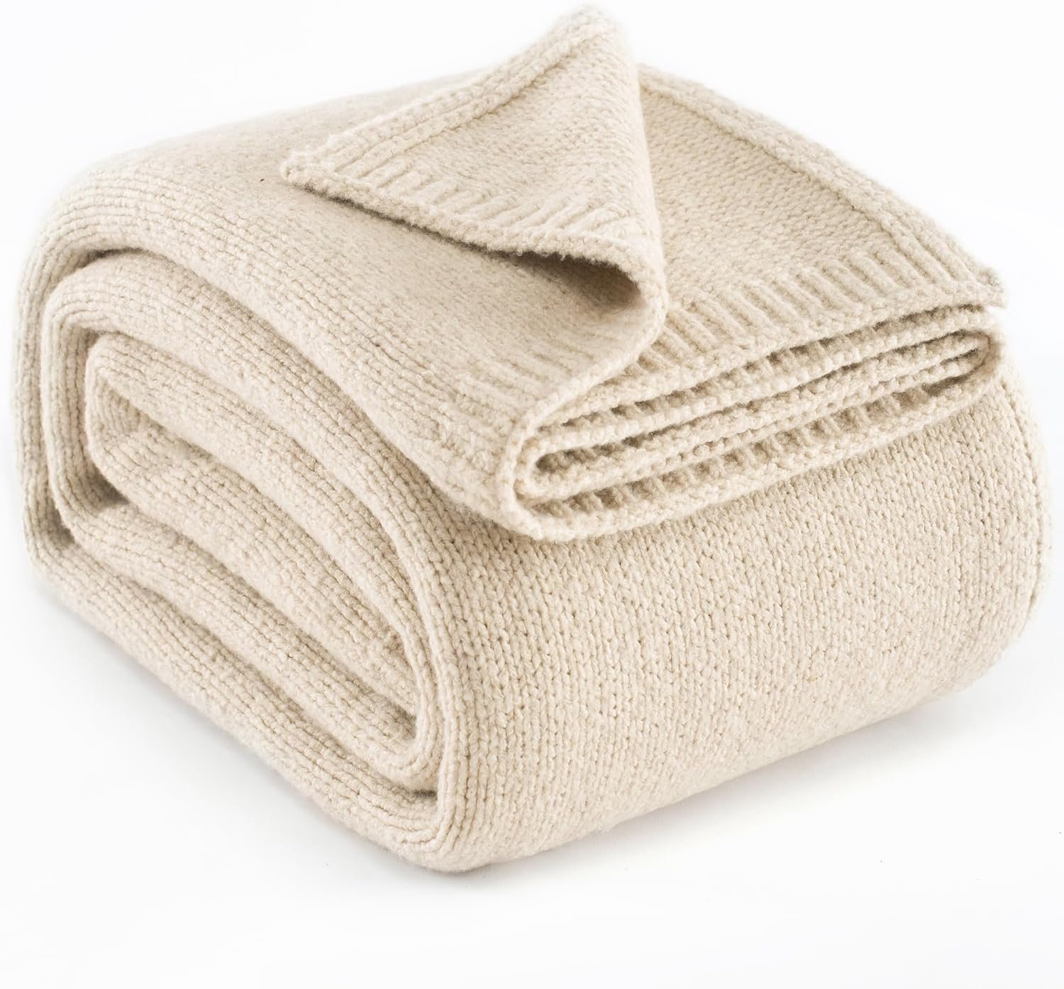 Wool Blend Knit Throw Blanket 60" X 80" Twin, 50% Recycled Polyester Soft Cable Knitted Fluffy Throws for Couch Lightweight Woven Blankets for Sofa Fuzzy Cozy Bed Cover, Light Beige
