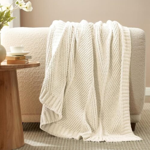 Chevron Chenille Knit Throw Blanket for Couch, Cozy Texture Decorative Soft Blanket for Sofa & Chair, 50"x60", Ivory