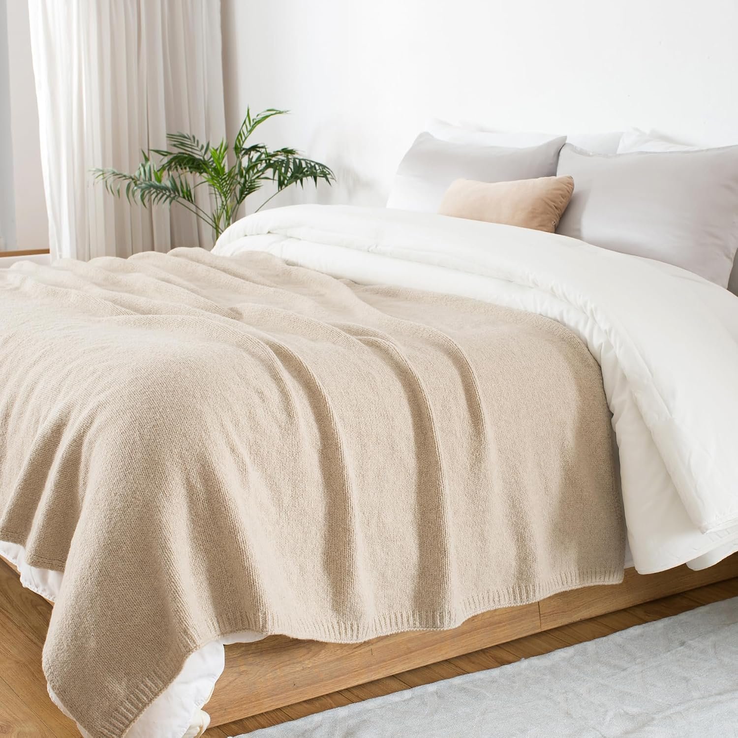 Wool Blend Knit Throw Blanket 60" X 80" Twin, 50% Recycled Polyester Soft Cable Knitted Fluffy Throws for Couch Lightweight Woven Blankets for Sofa Fuzzy Cozy Bed Cover, Light Beige - Image 2