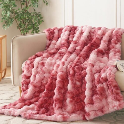 Faux Fur Throw Blanket for Couch, Cozy Soft and Fuzzy Plush Rabbit Fur Bubble Blanket for Sofa Bedroom Living Room, 50x60 Inches Tie Dye Magenta