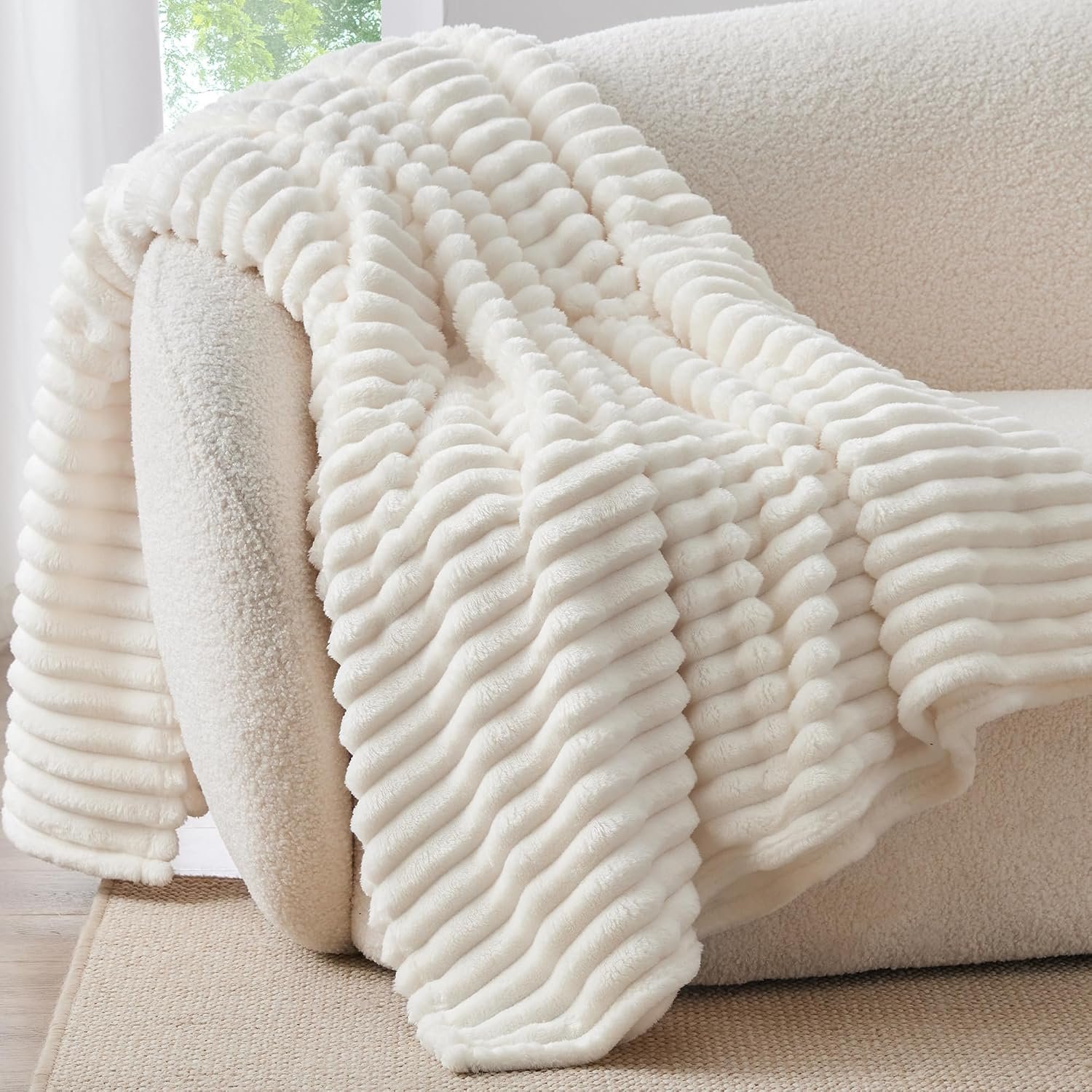 Fleece Throw Blanket for Couch - 300GSM Soft & Warm Fluffy Cream White Blanket, Decorative and Giftable Striped Blankets for Women, Men, 50"x60"