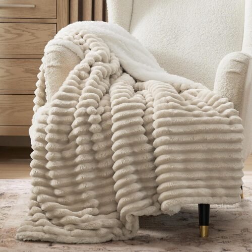 Throw Blanket for Couch - Super Soft, Cozy Fleece Thick Warm Blanket for Winter,  Plush & Fluffy Throw Gift for Women, Room Decor, Beige, 50x60 Inches