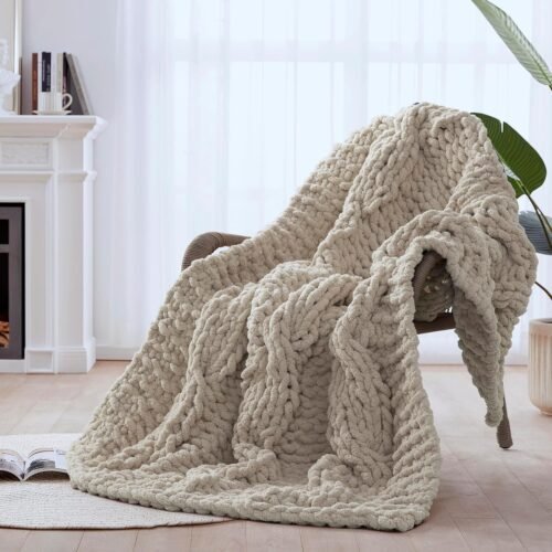 Chunky Knit Blanket Throw - 100% Hand Knitted Thick and Warm Throw for Winter, Linen, 50x60 Inches, Crochet