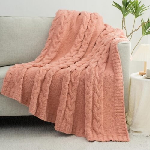 Chunky Knit Blanket Super Soft Cable Fluffy Microfiber Cozy Warm Winter Blankets for Couch Sofa Bed Twin Size 60"X80" Pink