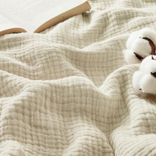 100% Cotton Muslin Blankets for Adults Large Throw 50x70 Inches - 4-Layer Breathable and Lightweight, Soft Boho Gauze Muslin Cotton Blanket for Couch Decor Travel Summer, Linen Beige