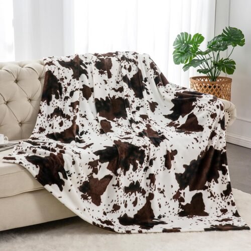 Cow Print Throw Blanket for Couch & Bed, 300GSM Cute Luxury Plush Cozy Fuzzy Blanket 50" x 60", Super Soft Warm Lightweight Throw Blanket for Travel Camping, Brown