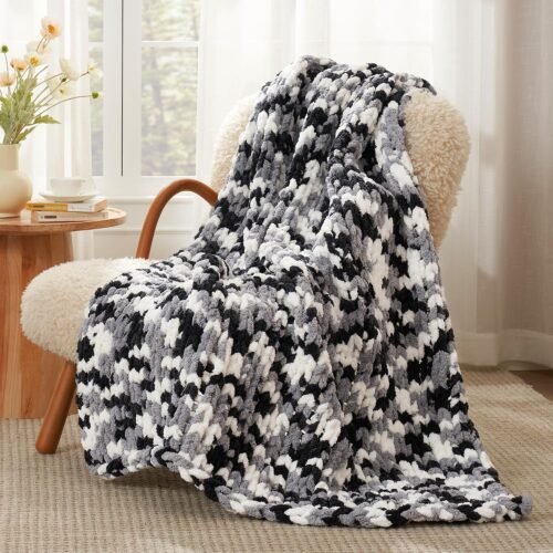 Chunky Knit Throw Blanket for Couch, Soft Chenille Crochet Blanket for Sofa, 50"x60", Space-Dyed Black