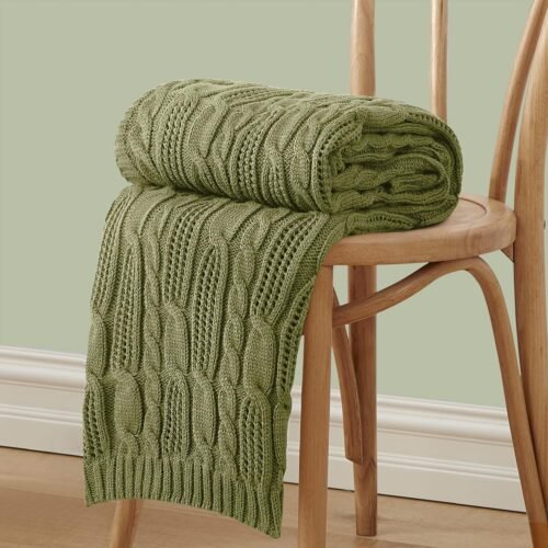 Cable Knit Throw Blankets 30 x 40 Inches, Soft Cozy and Lightweight Knitted Blanket, Machine Washable 100 Percent Acrylic Blanket, Decorative Throw Blanket for Couch Sofa Bed, Olive Green